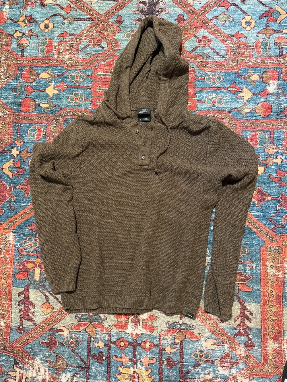 Prana Brown Knit Hooded Henley Sweater
